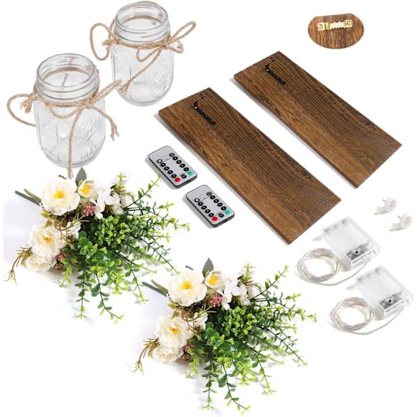 2 stk. Rustikke væglampetter - Håndlavede vægkunstophæng med fjernbetjening LED-fe-lys og hvide pæoner Peony+brown Board 13”x5.2”x0.6”