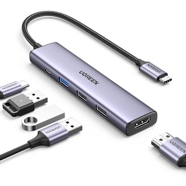 USB C Hubb, 5-i-1 USB-C Multiport Adapter med 100W PD, 4K HDMI, 3 USB-A Dataportar för M1/M2 MacBook Air, iPhone 15 Pro/Pro Max