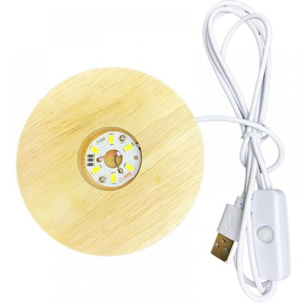 Trä LED-lamphållare Rund LED-basplatta USB-strömförsörjning Skrivbordsfäste Kristallkula Prydnad Glas Harts (Varm Ljus)