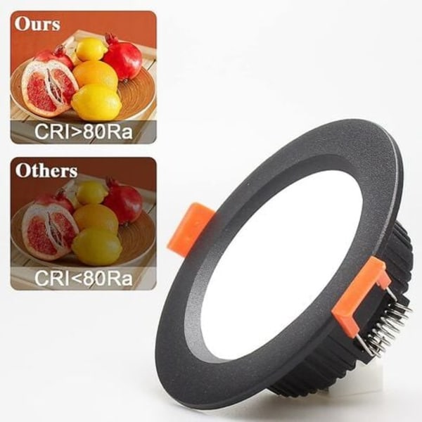 7W LED Downlight, dæmpbar, sort, ekstra flad, 5-pak, hvidt lys 6000K, udskæring 80-90mm, til badeværelse, køkken, stue, gang