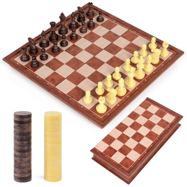 Skaksæt og Dambrætspil 2 i 1 - Magnetisk Skak Dambræt Legetøj - Rejsefoldbart Bræt og Skakbrikker (25x25cm)