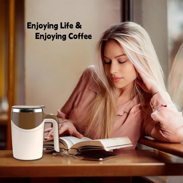 Genopladelig selvrørende krus, selvrørende kaffekrus automatisk magnetisk omrørende kaffekrus selvblandende kaffekrus roterende Brown