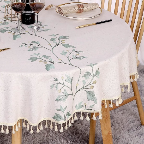 Rundt Bordduk 140cm Lin Bomull Flekkbestandig Vaskbar Beige Duk Brodert med Grønne Blader, Dusker til Bursdag, Bryllup