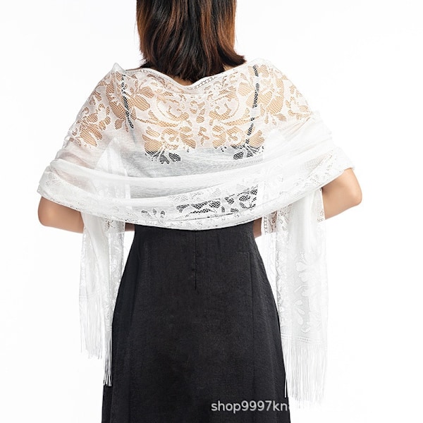 Kvinnors blommiga spets Pashmina sjal med fransar - perfekt för fester, baler och bröllop White