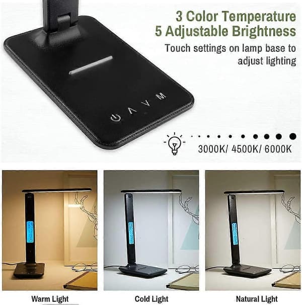 Dæmpbar LED bordlampe, 3 tilstande/5 lysstyrkeniveauer/LCD-display/Vækkeur, øjenbeskyttelse Touch (sort)