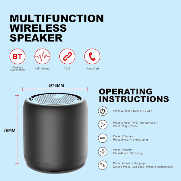 Kannettava langaton kaiutin Bluetoothilla, 10 metrin Bluetooth-kantama, IPX4 vedenkestävä Bluetooth 5.0 ulkoiluun, urheiluun, matkustamiseen, musta