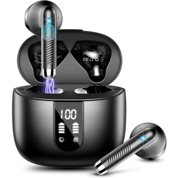 Bluetooth 5.3 trådlösa hörlurar med 4 ENC-mikrofoner, 56 timmars öronsnäckor i örat brusreducerande djup bas, IP7 vattentät LED-display black