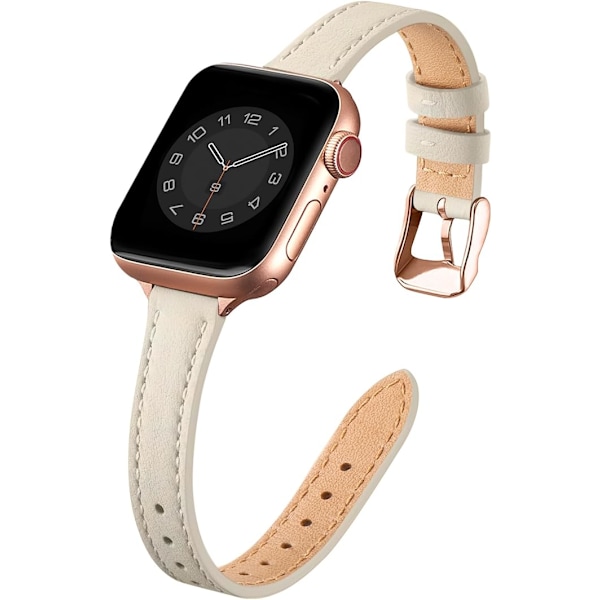 Läderarmband Kompatibelt med Apple Watch 41mm 40mm 38mm, Smalt Tunnt Läderersättningsband, för Kvinnor Män Beige&Rosegold 38mm 40mm 41mm