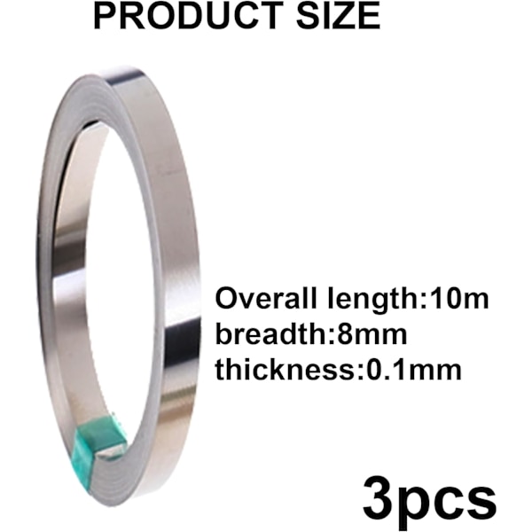 3 rullar nickeltejp: Ren nickeltejp, 0,1 * 8 mm * 10 m punktsvetstejp korrosionsbeständig punktsvets nickeltejp för 18650 batterisvetsning