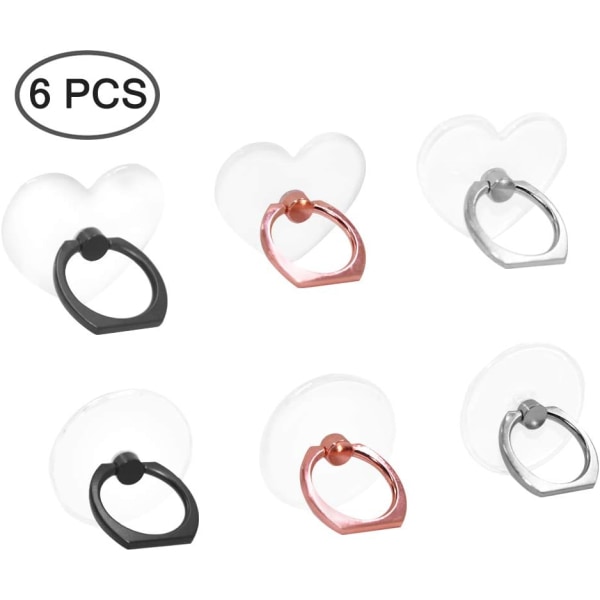 6st genomskinlig mobiltelefon ringhållare, rund och hjärtform 360 graders rotation Universal ringgreppshållare