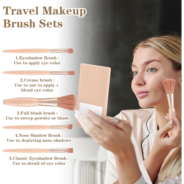 Rejse Makeup Børstesæt 5 stk. Mini Makeup Børster Professionelle Kosmetiske Værktøjer med Etui Spejl (Abrikos)