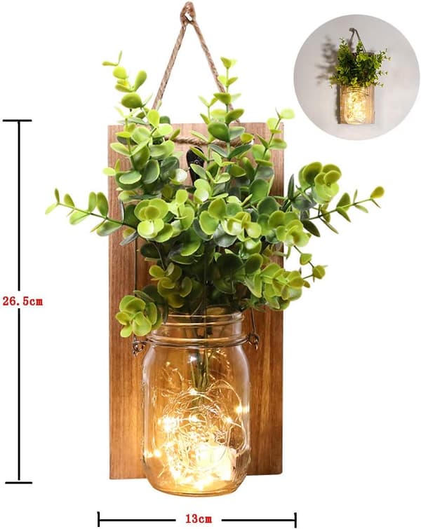 Rustikke vægsconces, kunstige grønne planter hængende Mason Jar væglampe med LED-strips