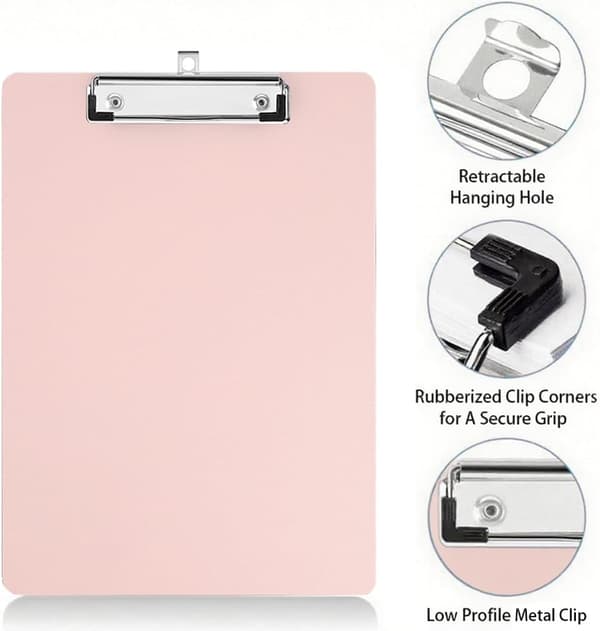 Skriveplate, A4 plastskriveplater med uttrekkbare kroker, standard A4-størrelse skriveplater, 31,5 cm x 22,5 cm - Lys rosa Light Pink