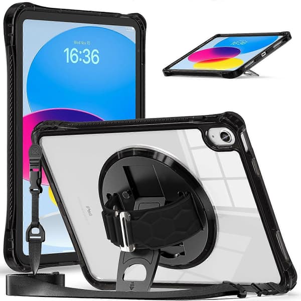 For iPad 10.9 (2022) Stativdeksel Håndstropp PC+TPU+Akryl Deksel med Skulderstropp - Svart