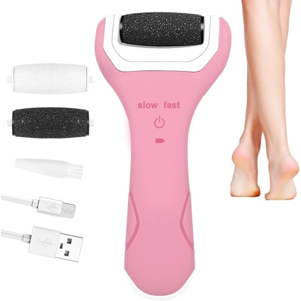 Fotfil Elektrisk hårborttagningsmedel Fotpedikyr Förhårdnadsborttagare USB uppladdningsbart fotvårdsverktyg med 2 rullhuvuden (rosa)