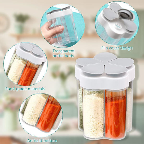 2 st resebehållare för kryddor med lock, tomma krydddispensrar i plast, 5 i 1 salt- och pepparkvarn i plast för hem, restaurang, camping, matlagning, grillning