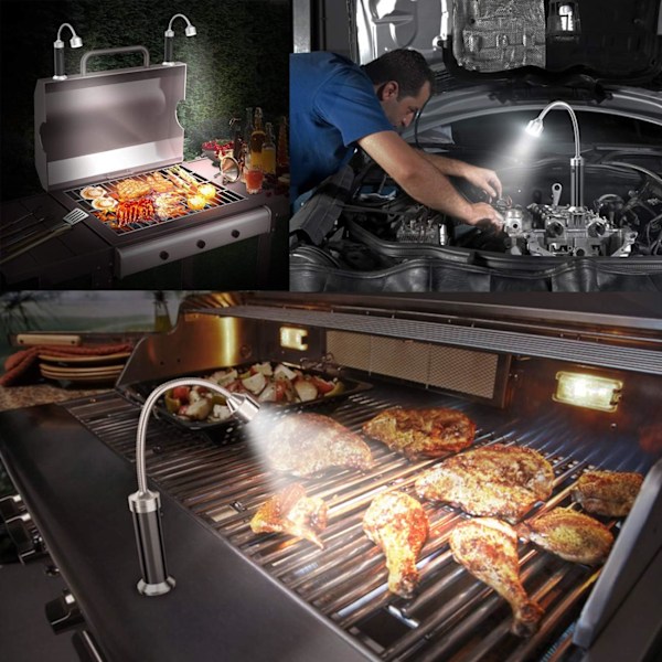 Sett med 2 LED-grilllys med magnetisk base, 360 graders rotasjon, fleksibel justerbar for grilling, camping, fest, utendørs