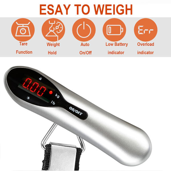 Bærbar digital bagasjevekt Hengeskala med LED-bakgrunnsbelysning 110 lb/ 50 kg Tarafunksjon for reisebagasje Sølv