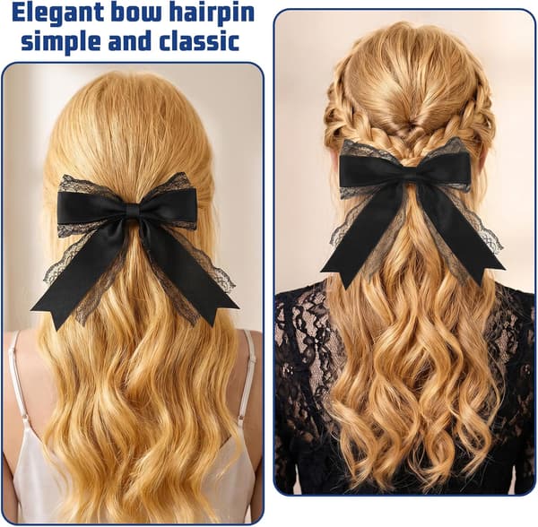 2 stk. sorte hårsløjfer, sorte blonde-sløjfer til hårtilbehør, sorte båndsløjfer, hårklemme med sløjfe og lang hale