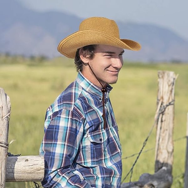 Western cowboyhatt (med tau) for kvinner og menn med sammenleggbar sommer solbeskyttelse stråhatt bredbremmet hatt, khaki