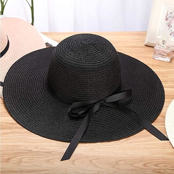 Solhatt för kvinnor, hopfällbar flopphatt med rosett, stor bredbrättad halmhatt, damer sommarstrandkeps UV-skydd Off white