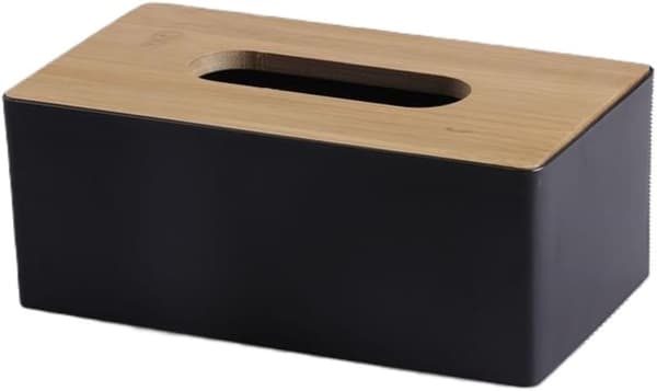 Servietboks med bambustræslåg, rektangulær servietdispenserboks, plastik servietboks til badeværelse, bil, kontor, 21,5x12x8,5cm (sort) Black