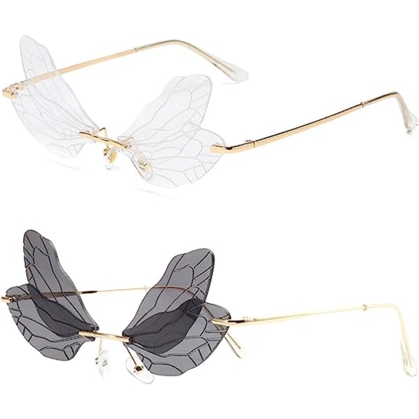 Mode Bågelösa Dragonfly Wing Solglasögon Dam Vintage Clear Ocean Lens Glasögon Män