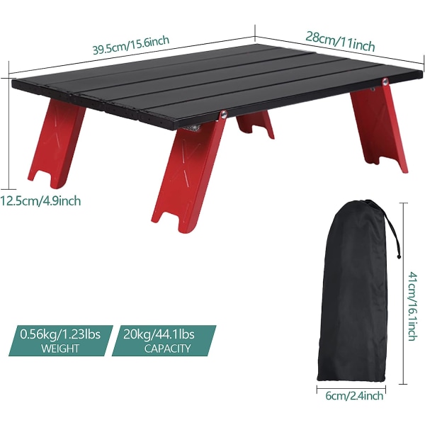 Camping sammenleggbart bord, lett bærbart mini sammenleggbart aluminiumsbord med bæreveske, lite praktisk sammenrullbart sidebord (rødt)