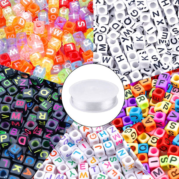1400 stk. 5 farver akryl alfabet terningperler bogstavperler med 1 rulle 50M krystal snorledning