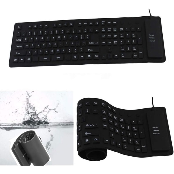 Silikone tastatur, 109 taster vandtæt bærbar fleksibelt tastatur, foldbart lydløst tastatur med USB 2.0 til PC bærbar (sort)
