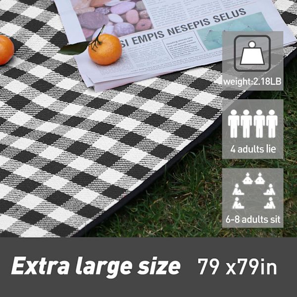 Piknikviltti, piknikmatto, rantapiknikviltti, retkeilyviltti 79''X79'' Vedenpitävä hiekankestävä ulkomatto Black white 79"L x 79"W