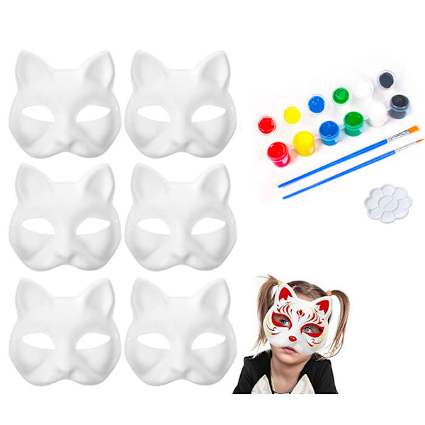 DIY Blank Cat Masks,6Pack Unpainted Pure White Graffiti Face Masks Cat White Paper Mask with Paint Brushesfor Decorate Crafts