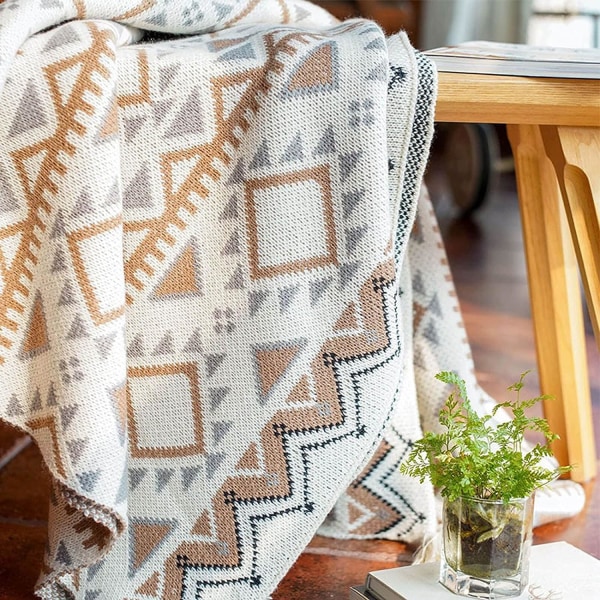 Brun kast tæppe, strikket kvast vintage tan kast tæppe, blødt let Boho kast tæppe til sofa seng og stue (130*170cm)