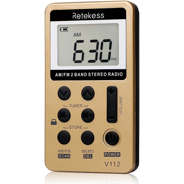 Retekess V112 AM FM bærbar lommeradio digital tuning stereo volum med hodetelefoner oppladbart batteri for gåtur treningsstudio (gull)