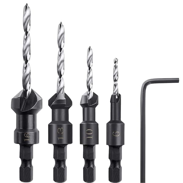 Valnødde-Countersinks, 4 stk. Hexagonale Koniske Countersink-Bor med Lille Nøgle