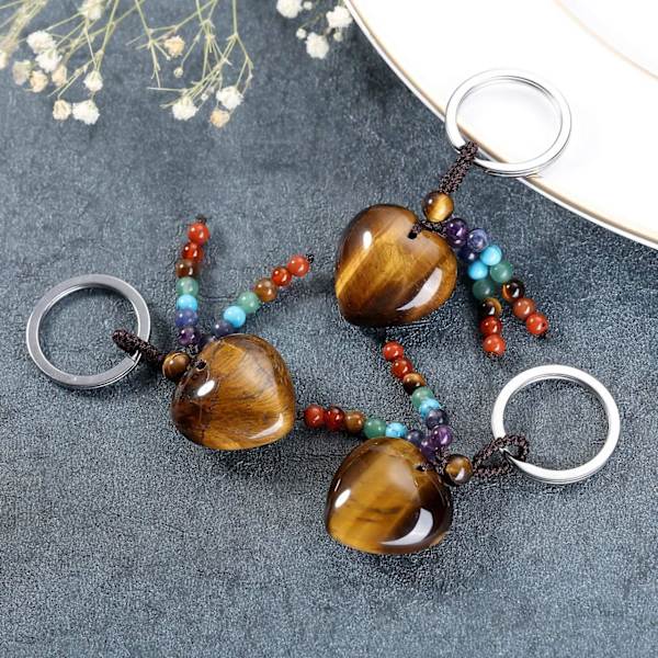 Naturlig Tigeröga Hjärta Kristall Nyckelring 7 Chakra Healing Ädelsten Nyckelring Charm för Kvinnor