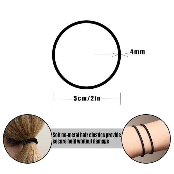 100 st Elastiska Hårband, 4mm Elastiska Hårband Hårbandshållare, Bulk Hårband Utan Metall Skonsamma Elastiska Band (Svart)