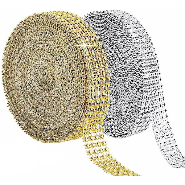 Akryl Rhinestone Diamantband, 2 Rullar Rhinestone Band 4 Rader 10 Yard/Rulle Diamant Glittrande Nätband （Guld och Silver）