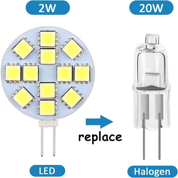 G4 LED-pære 2W, AC/DC12-24V, 200LM kald hvit 6000K, 12x 5050SMD, 20w halogenekvivalent, ikke-dimbar, G4 runde LED-pærer, 6-pakning