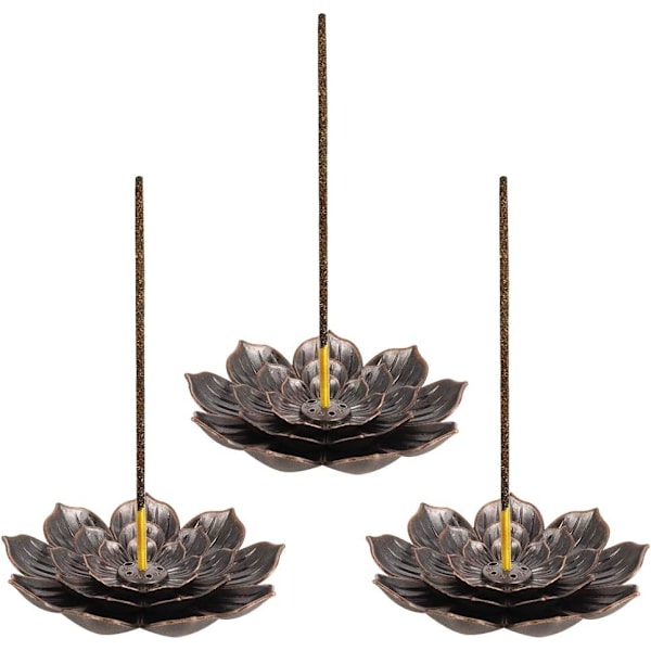 3 stk Retro Lotus Holder Messing Røkelseholder Lotus Stick Røkelsebrenner og Kjegle Røkelseholder 6 Røkelsehull med Avtakbar Askefanger