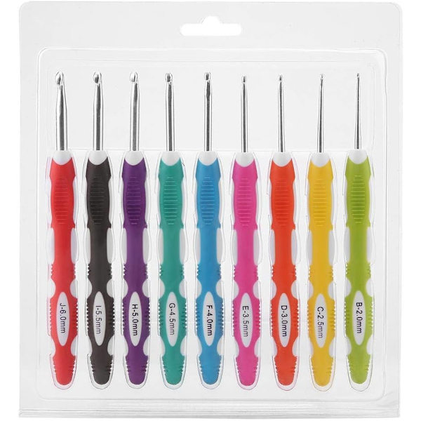 Hooks 9pcs virknål set stickning slät nål verktyg ergonomiskt plasthandtag aluminiumkrok