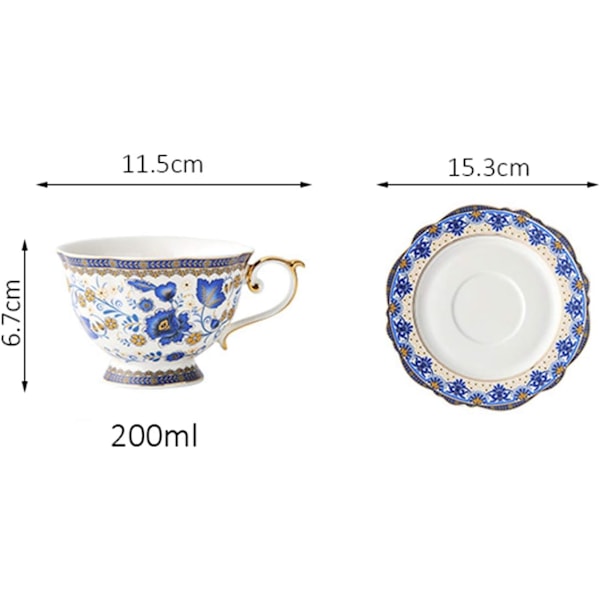 Blå Blomster Mønster Fine Bone Kina Kaffe Kop, Porcelæn Kop og Underkop Sæt, 200ML