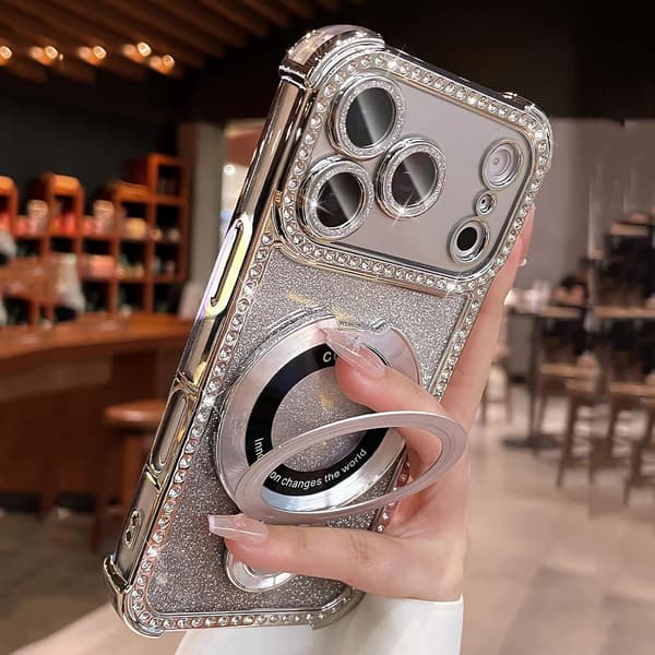 Magnetisk stativ for iPhone 17 Pro-deksel med glitterkort, myk TPU-støtfanger med diamanter, sølv Silver iPhone17PRO
