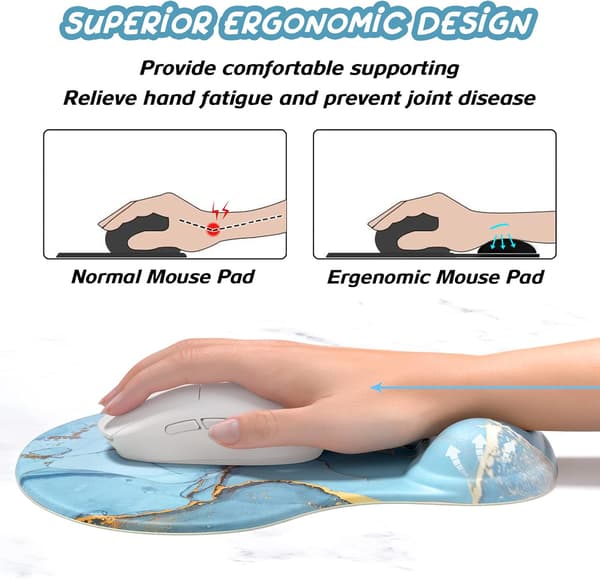 Ergonomisk musematte med håndleddsstøtte, gelmusematter med sklisikker PU-base, musematte i minneskum, søt musematte for bærbar PC, blå marmor Blue Marble