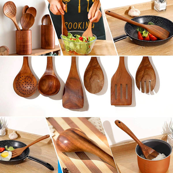 Tresetter i tre for matlaging, 7 stk tresleiver for matlaging i teak tresleiver sett tresleiver