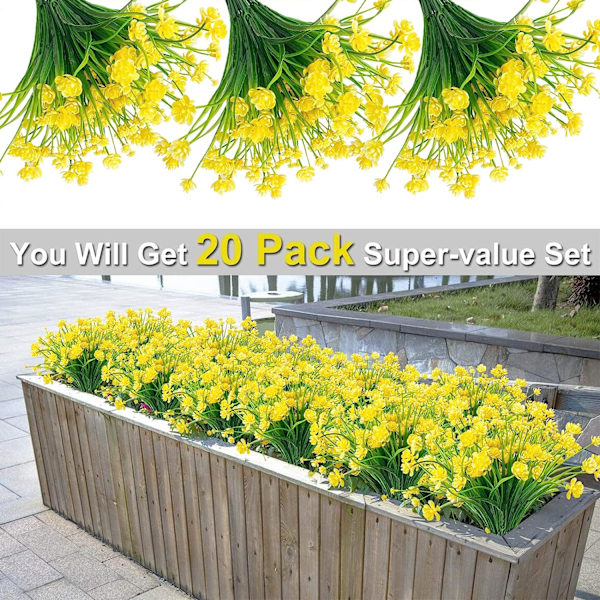 20 stk kunstige blomster for utendørs dekorasjon  Utendørs plast grøntkunst blomster Planter Hjem Hagedekor (gul)