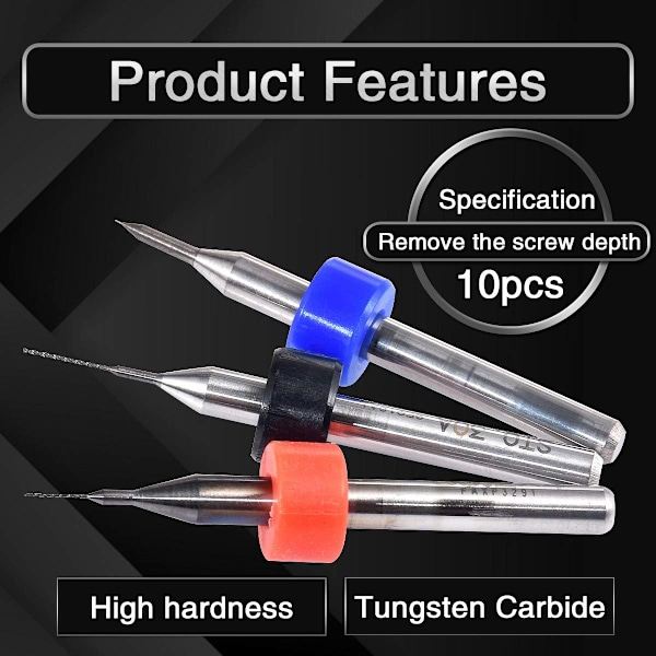 10 stk. Mini PCB-borr, 0,1-1,0 mm, karbidspiralfløyte, karbidmikroboret, roterende verktøy, smykker CNC-kort, kraftgravering