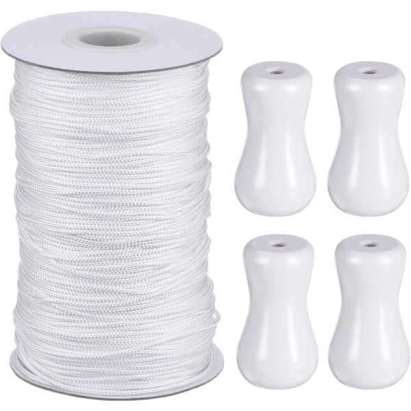 White Braided Lifting Shade Rope 50m with 4pcs White Wooden Pendants for Aluminum Blinds, Garden Plants and Crafts