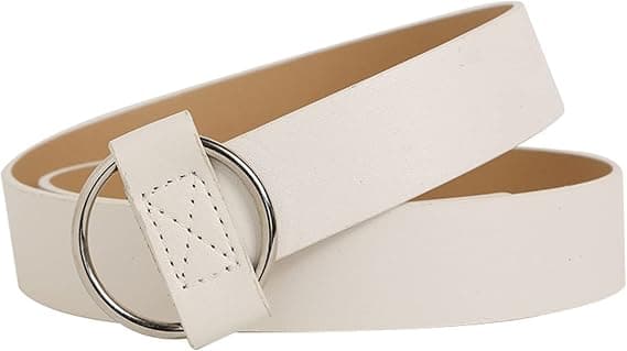 Midjebälten för kvinnor utan hål/stift PU-läder rund ring spänne, enkel cirkulär spännedesign, flexibel längdmatchning, vit White