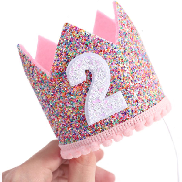 Rainbow Crown för 2:a födelsedagsfest- Glitter Birthday Crown, Födelsedagshattar för barn, Babys födelsedag Fotorekvisita, Crown